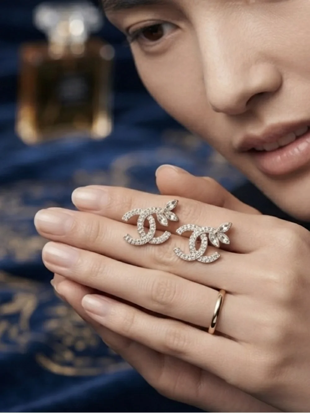 CHANEL Crystal Leaf Stud Earrings